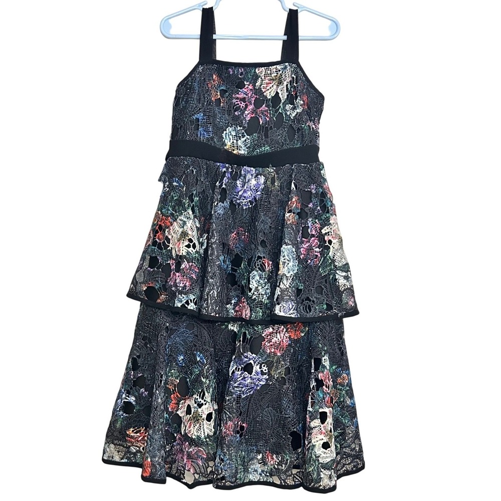 Marchesa Notte Mini Girls Dress Floral Lace Tiered Black 6 Wedding‎ Garden Party